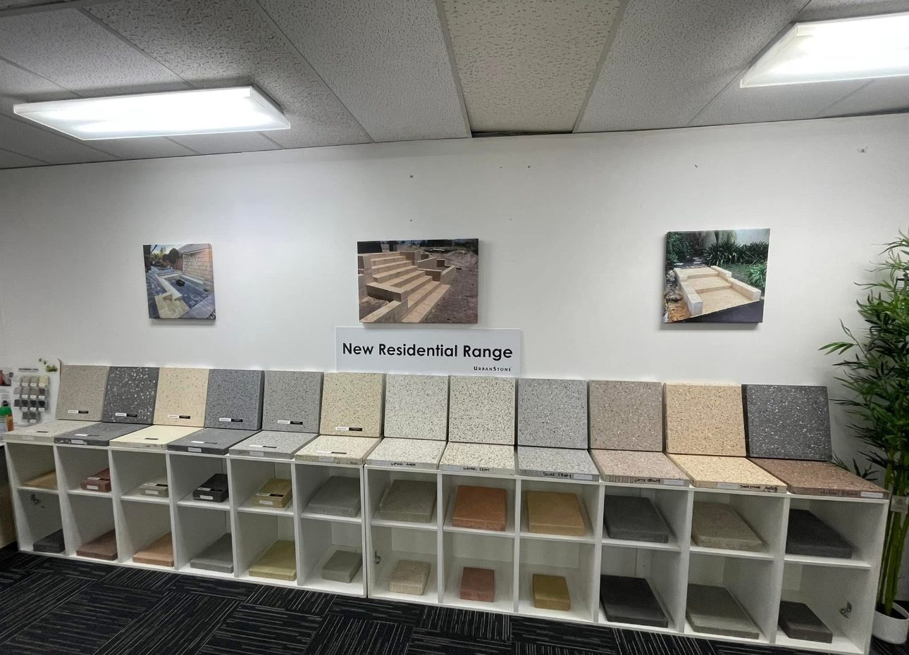 The paving and reconstituted stone sample range in the Fremantle showroom